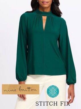 👚🩵🌺NWT Nine Britton Maila Keyhole Top Emerald Green Long Sleeve Blouse Chic